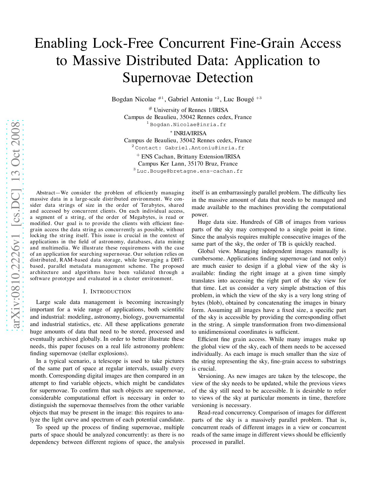 Enabling Lock-Free Concurrent Fine-Grain Access to Massive Distributed   Data: Application to Supernovae Detection