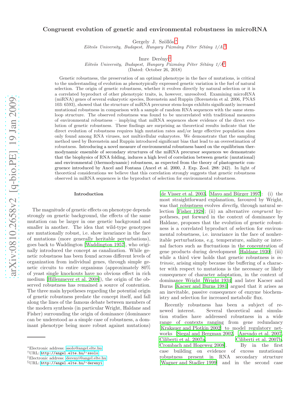 Congruent evolution of genetic and environmental robustness in microRNA