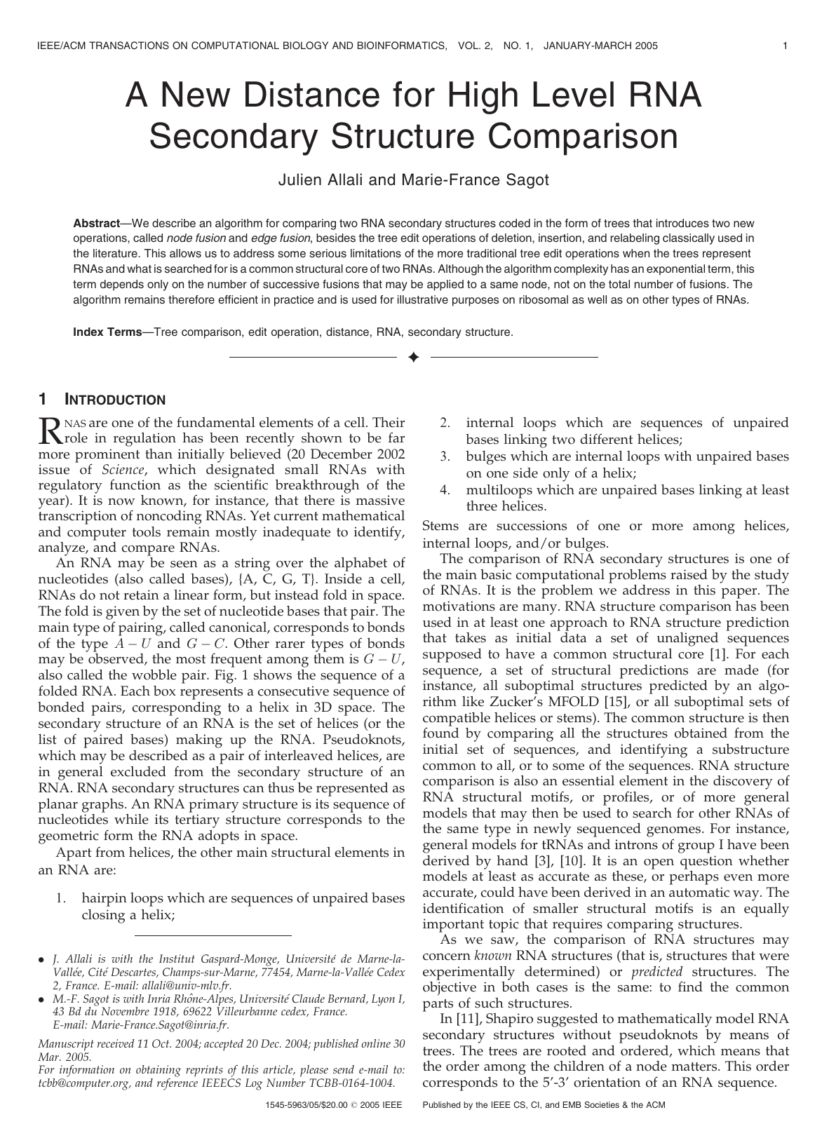 A new distance for high level RNA secondary structure comparison
