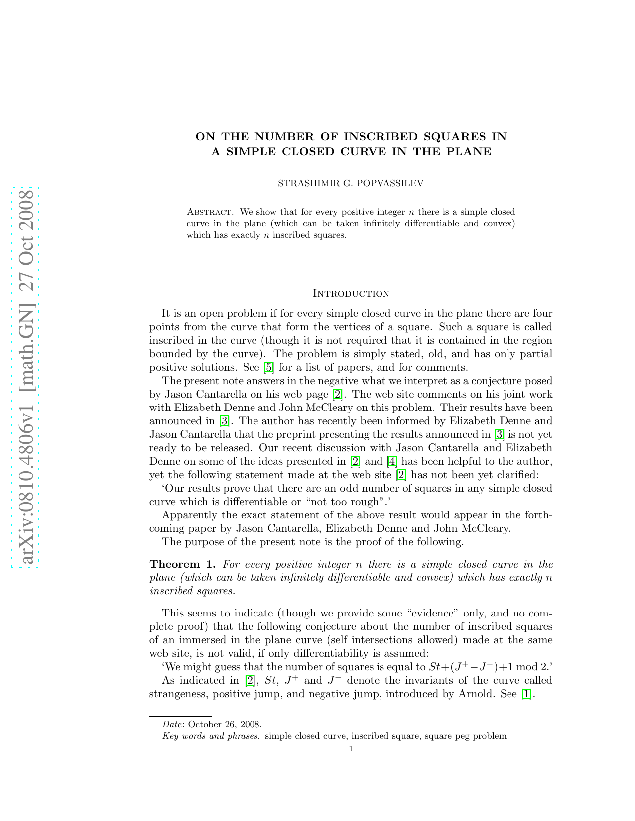 On the number of inscribed squares of a simple closed curve in the plane