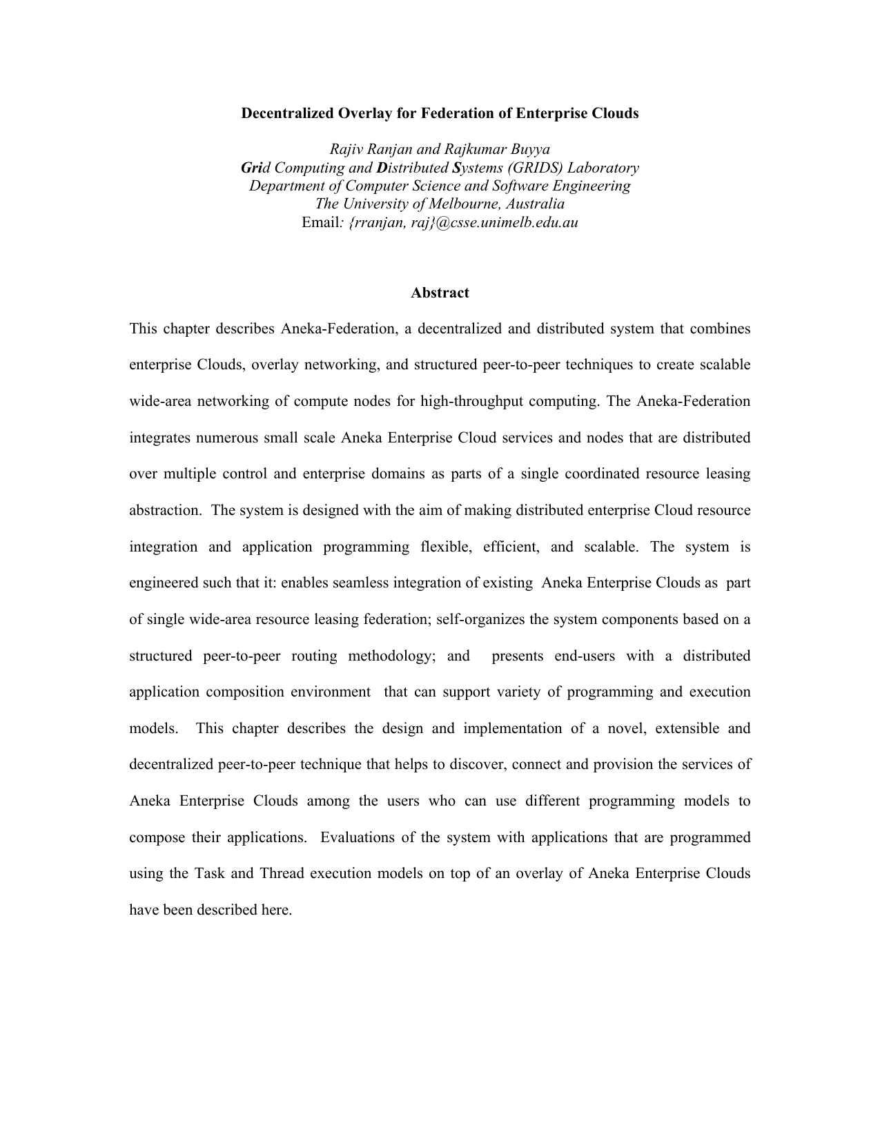 Decentralized Overlay for Federation of Enterprise Clouds