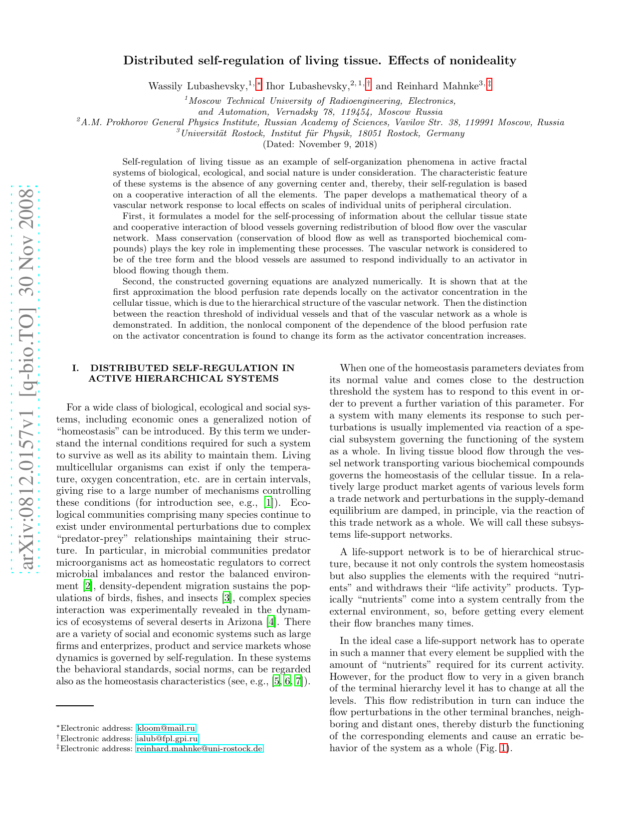 Distributed self-regulation of living tissue. Effects of nonideality