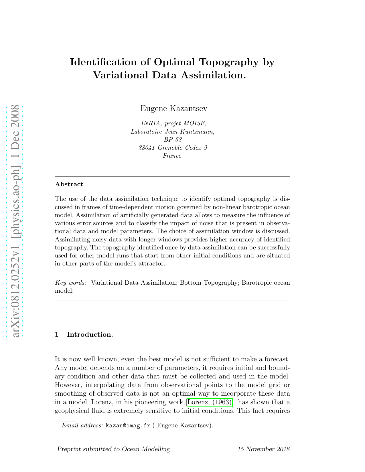 Identification of Optimal Topography by Variational Data Assimilation