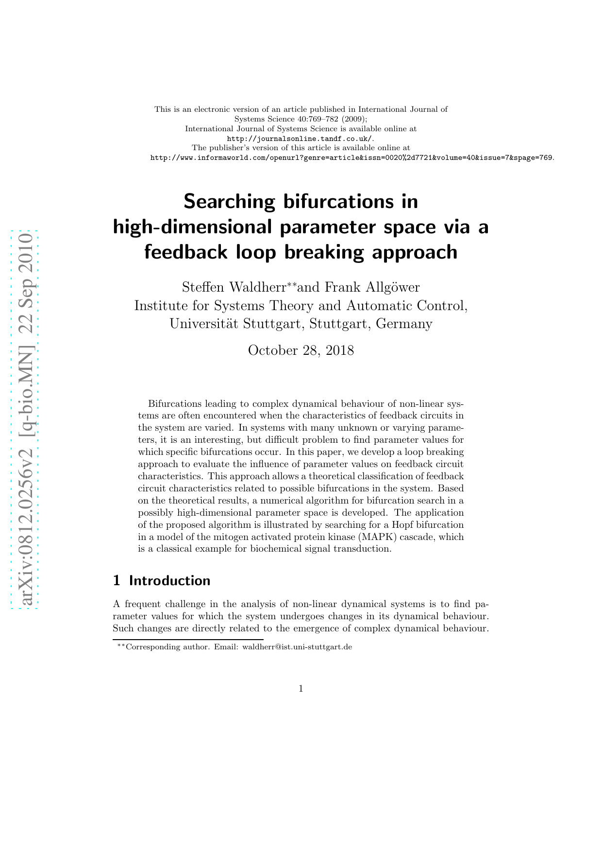 Searching bifurcations in high-dimensional parameter space via a   feedback loop breaking approach