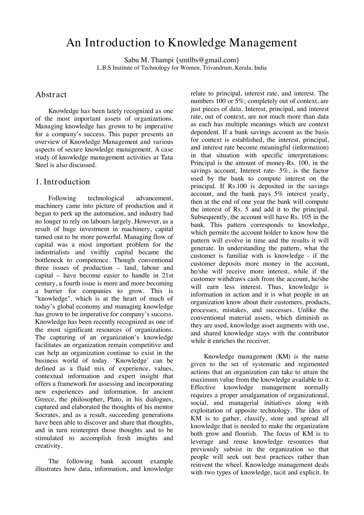 An Introduction to Knowledge Management