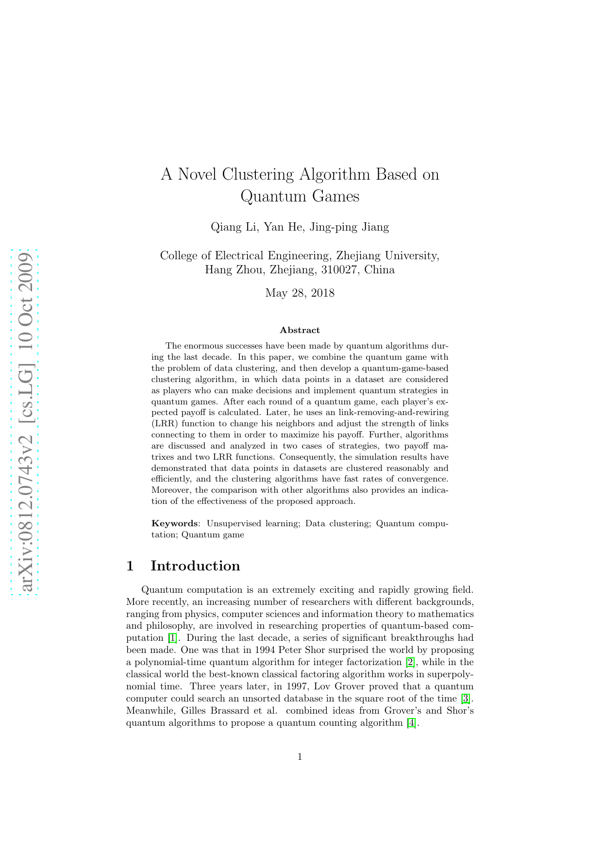 A Novel Clustering Algorithm Based on Quantum Games