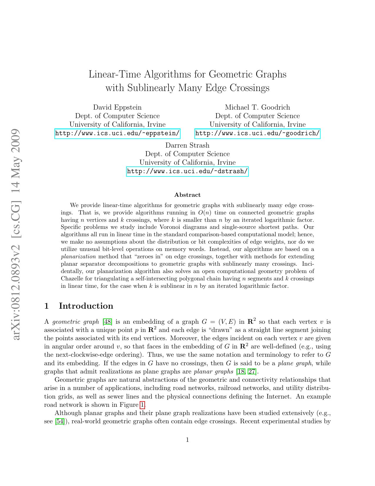Linear-Time Algorithms for Geometric Graphs with Sublinearly Many Edge Crossings