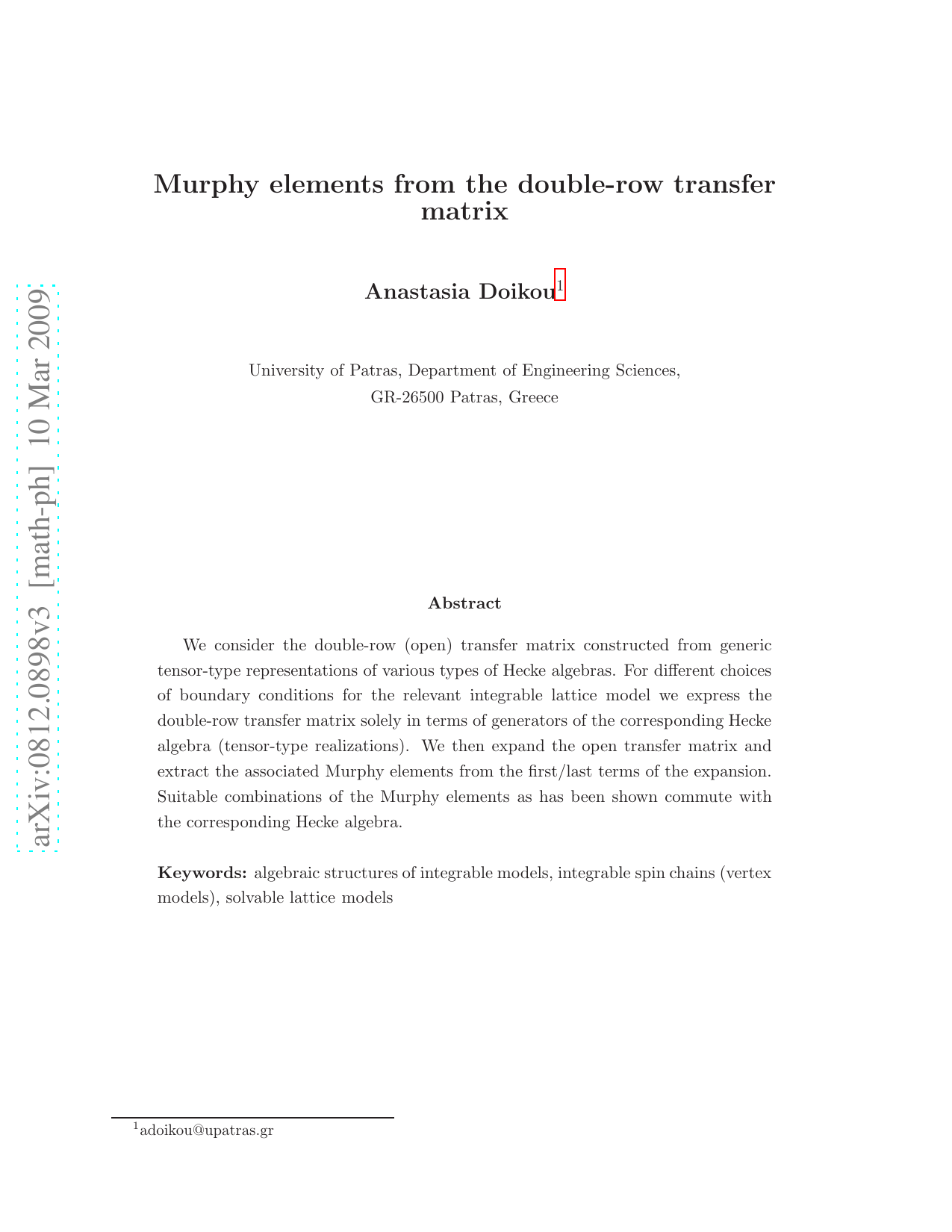 Murphy elements from the double-row transfer matrix