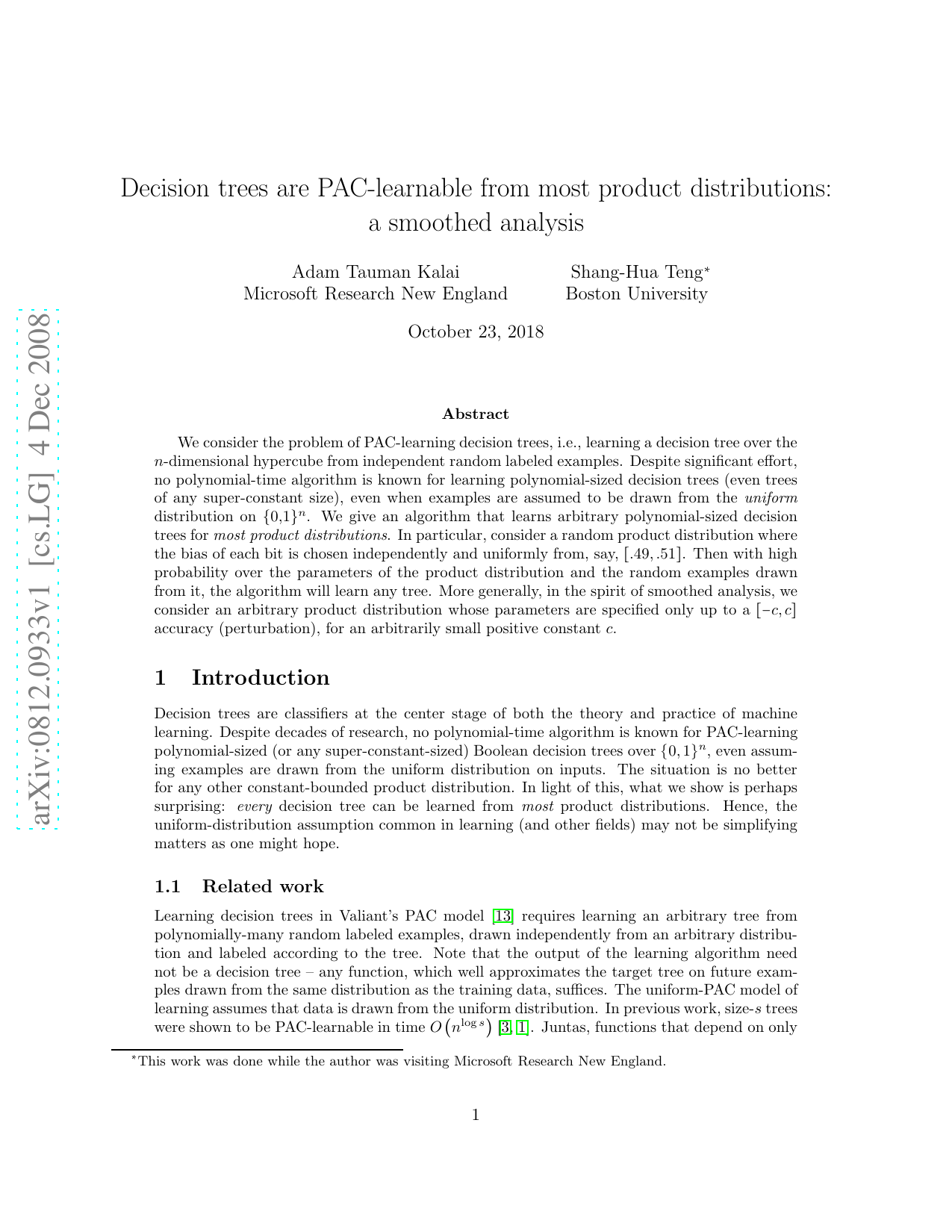 Decision trees are PAC-learnable from most product distributions: a smoothed analysis
