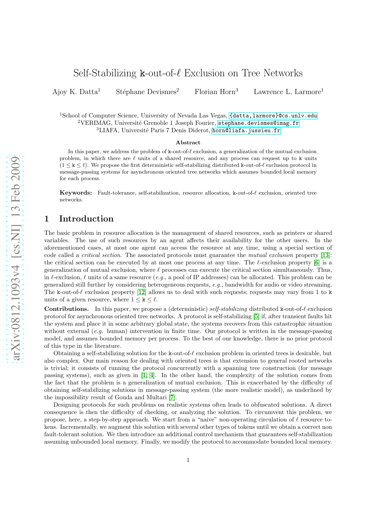 Self-stabilizing K-out-of-L exclusion on tree network