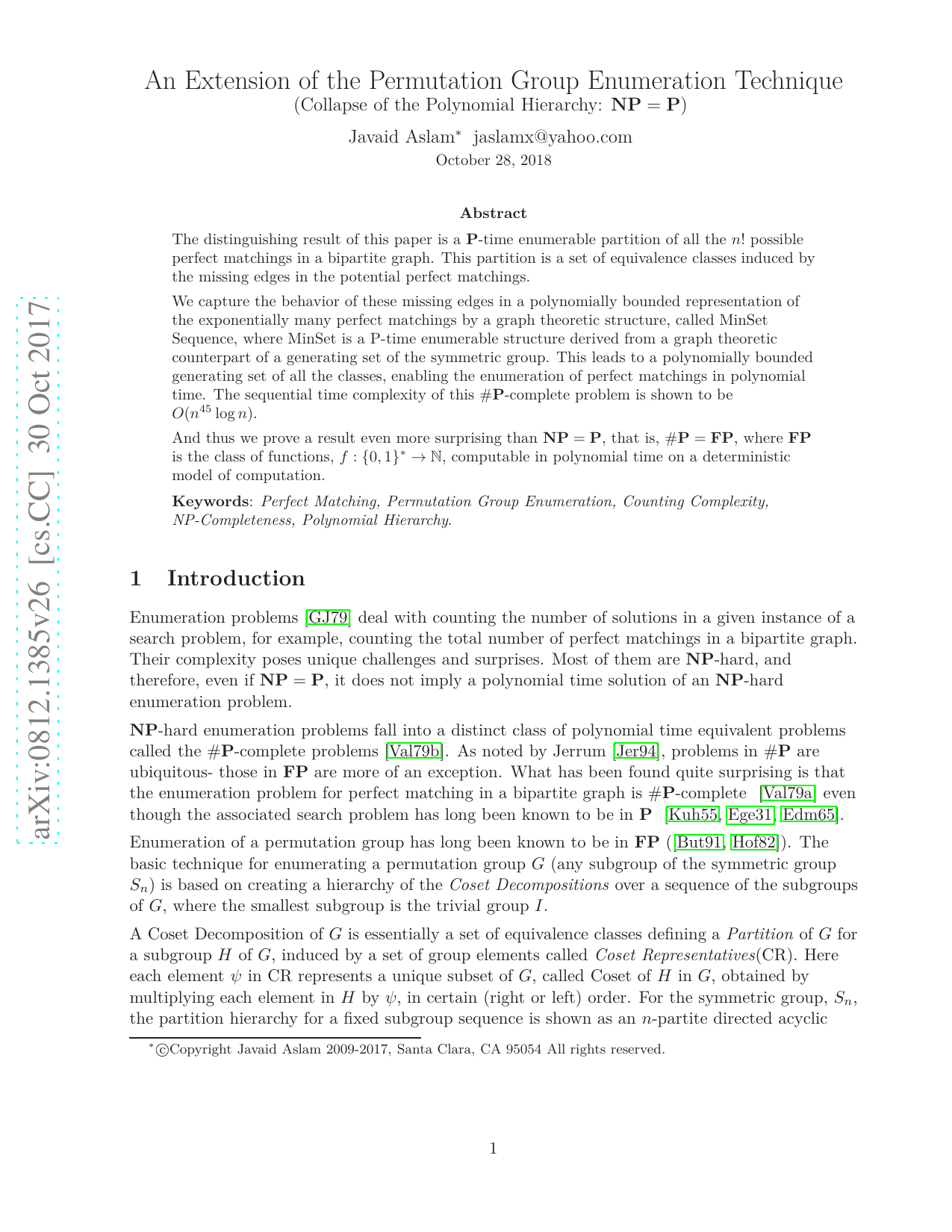 An Extension of the Permutation Group Enumeration Technique (Collapse of   the Polynomial Hierarchy: $mathbf{NP = P}$)
