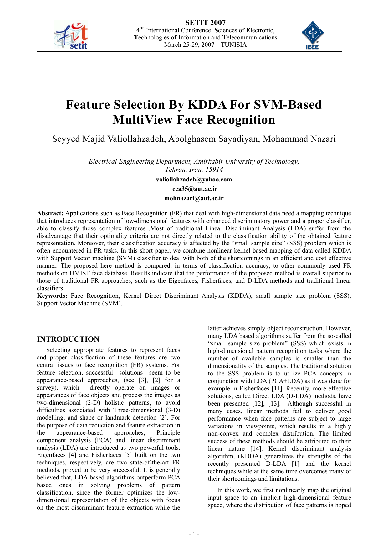 Feature Selection By KDDA For SVM-Based MultiView Face Recognition