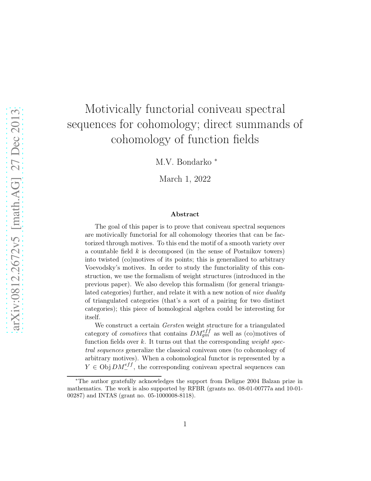 Motivically functorial coniveau spectral sequences; direct summands of   cohomology of function fields