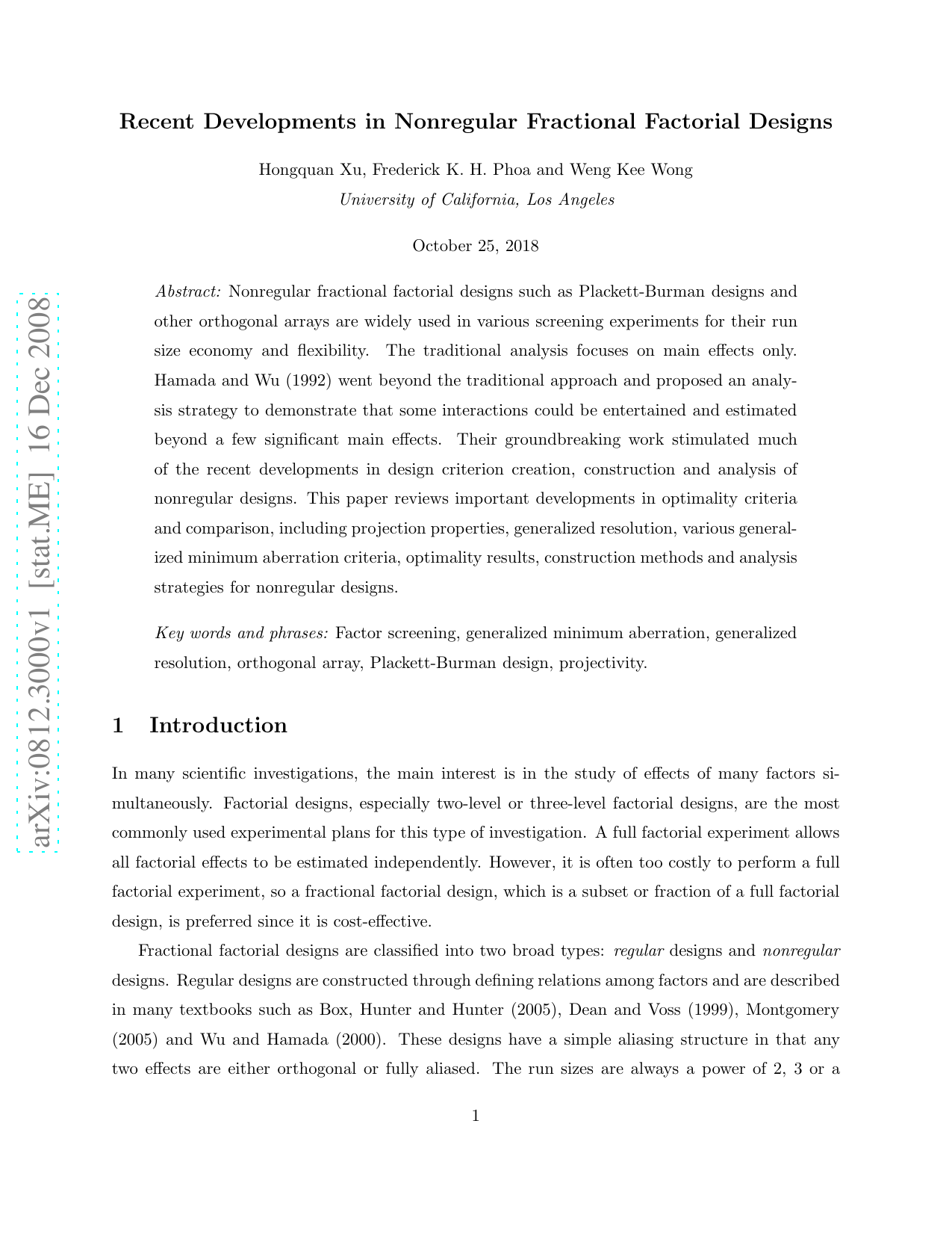 Recent Developments in Nonregular Fractional Factorial Designs