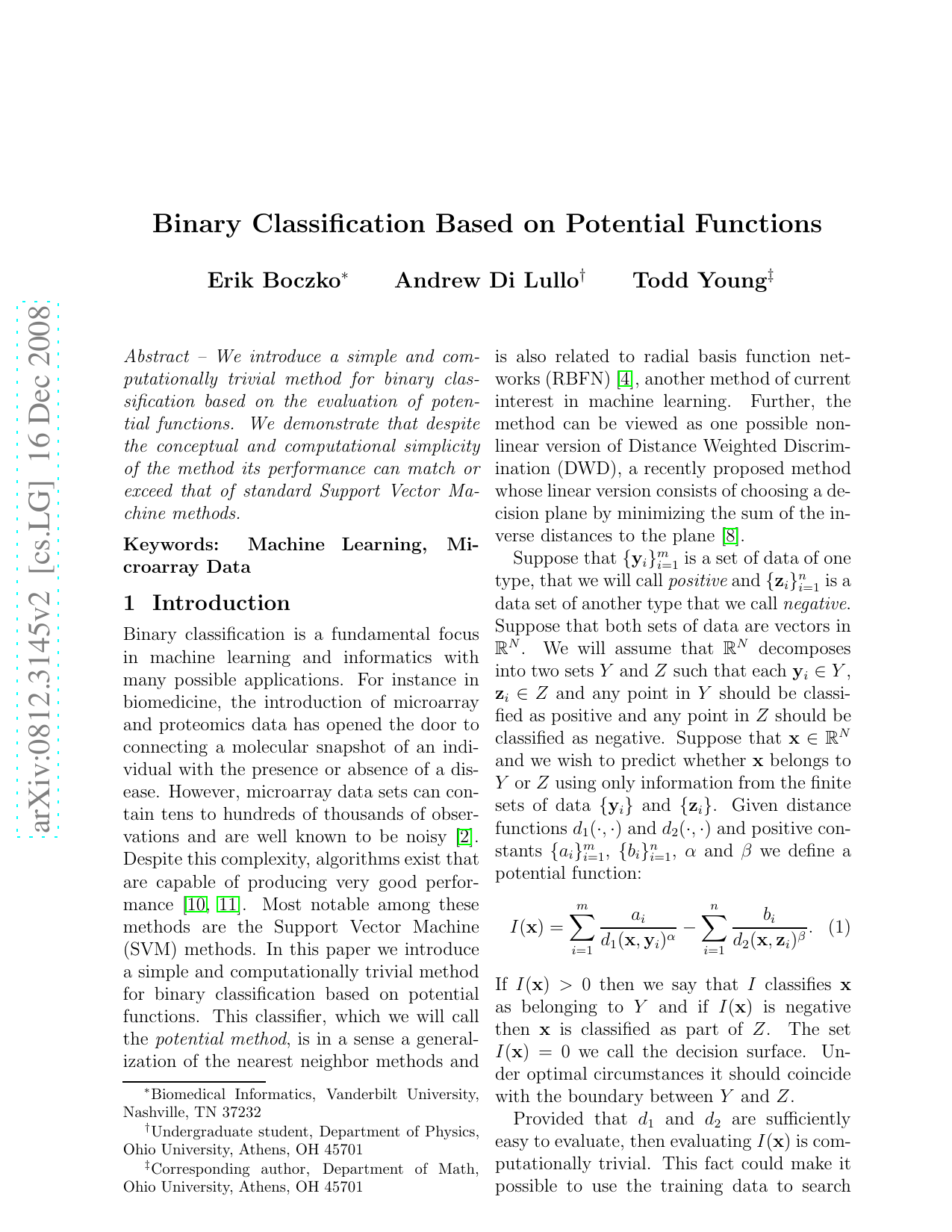 Binary Classification Based on Potentials