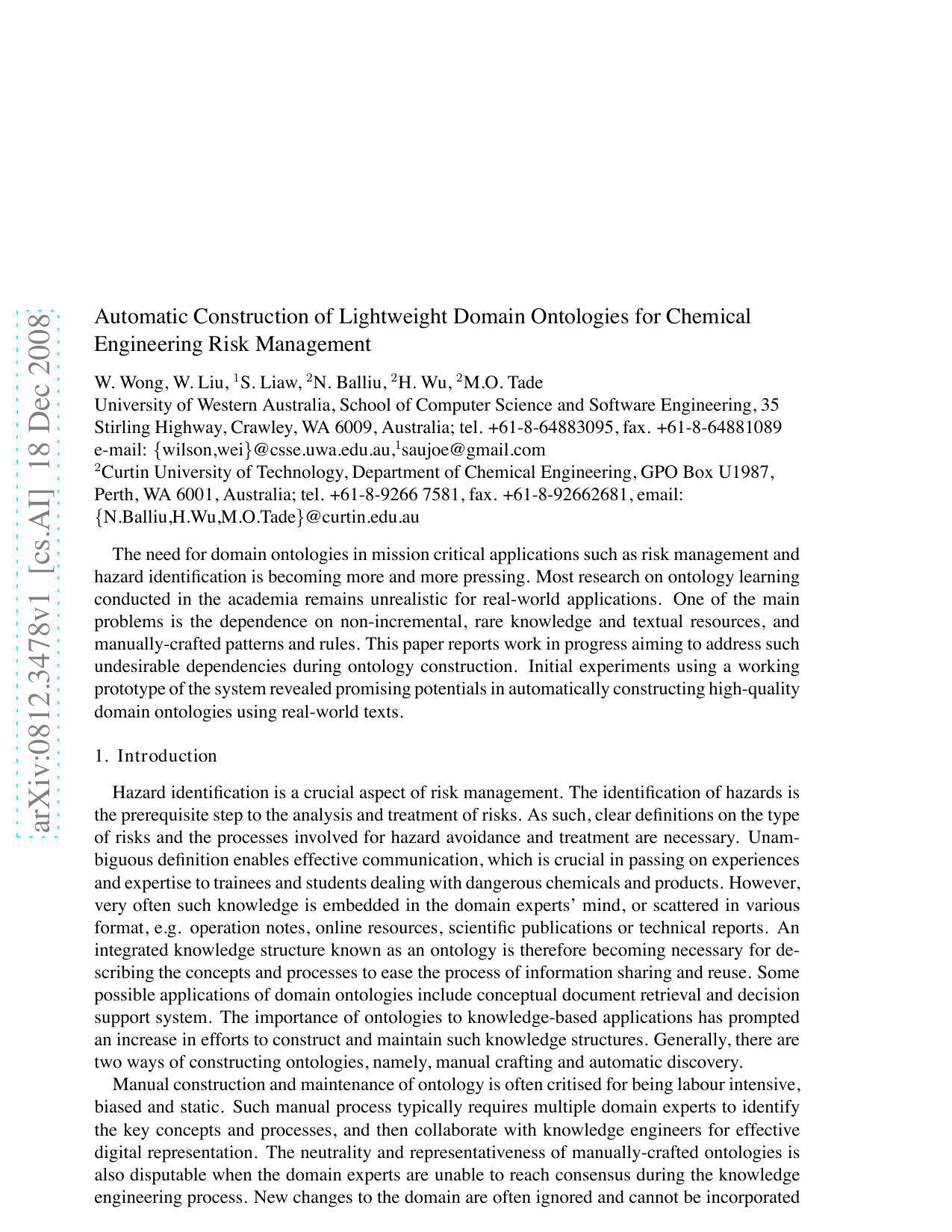 Automatic Construction of Lightweight Domain Ontologies for Chemical Engineering Risk Management