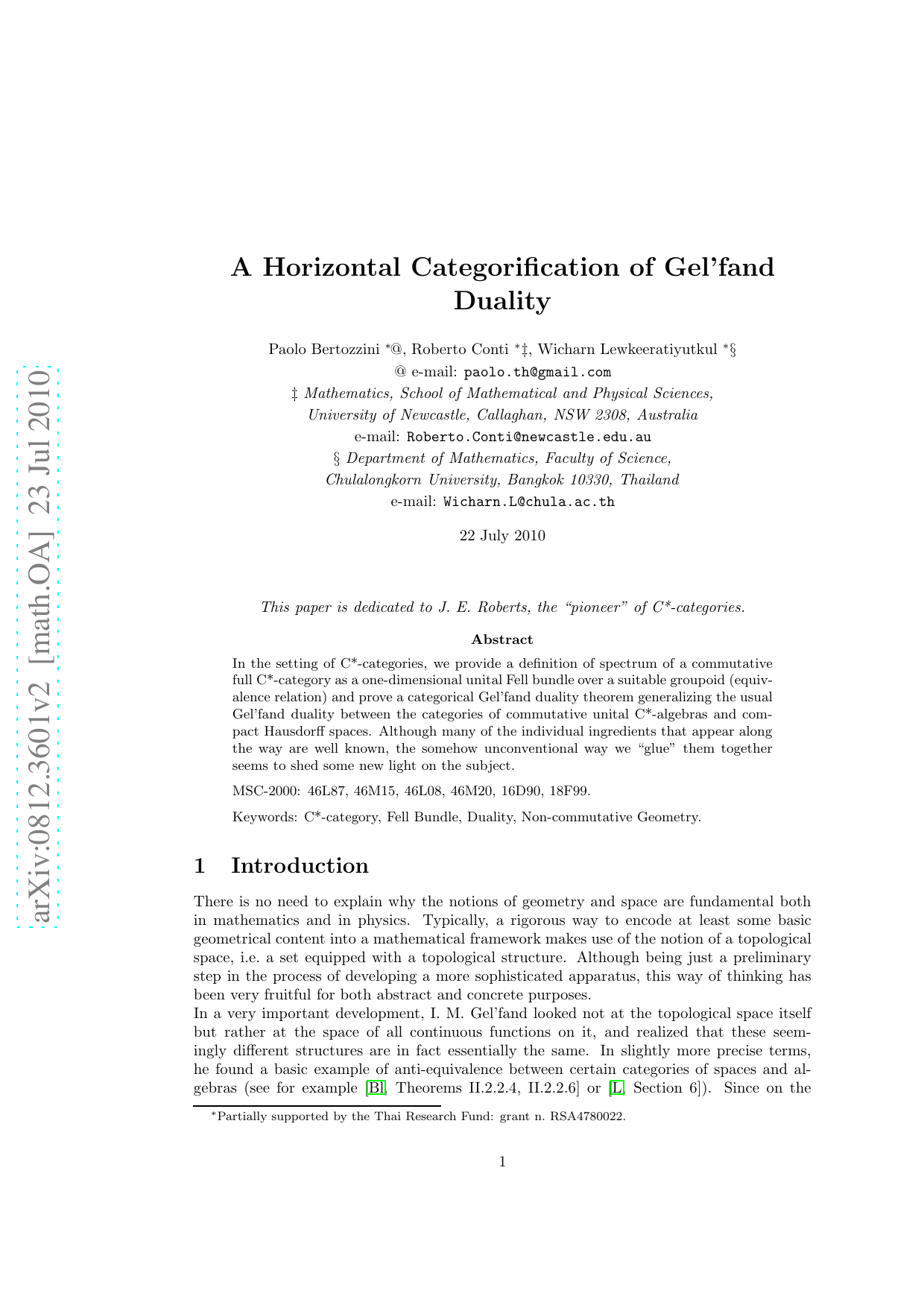 A Horizontal Categorification of Gelfand Duality