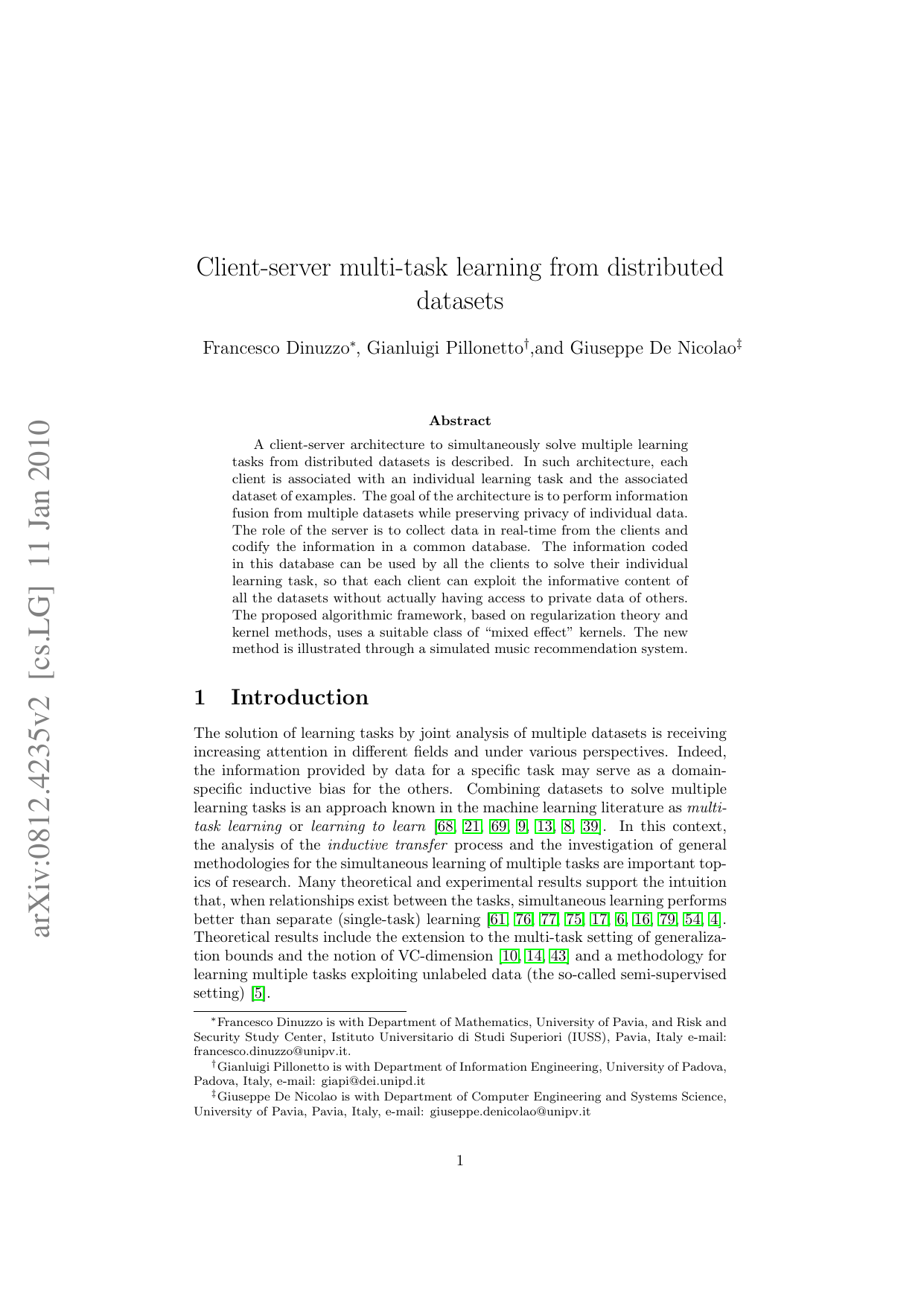 Client-server multi-task learning from distributed datasets