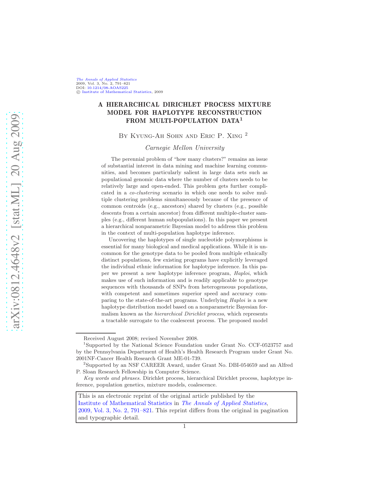 A hierarchical Dirichlet process mixture model for haplotype reconstruction from multi-population data