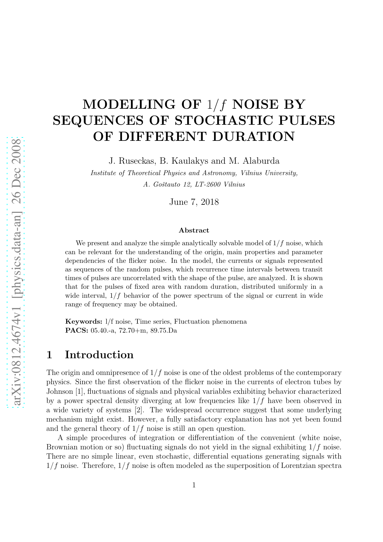 Modelling of 1/f noise by sequences of stochastic pulses of different   duration