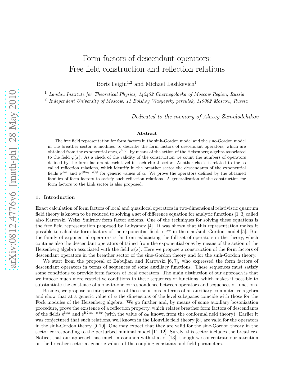 Form factors of descendant operators: Free field construction and   reflection relations