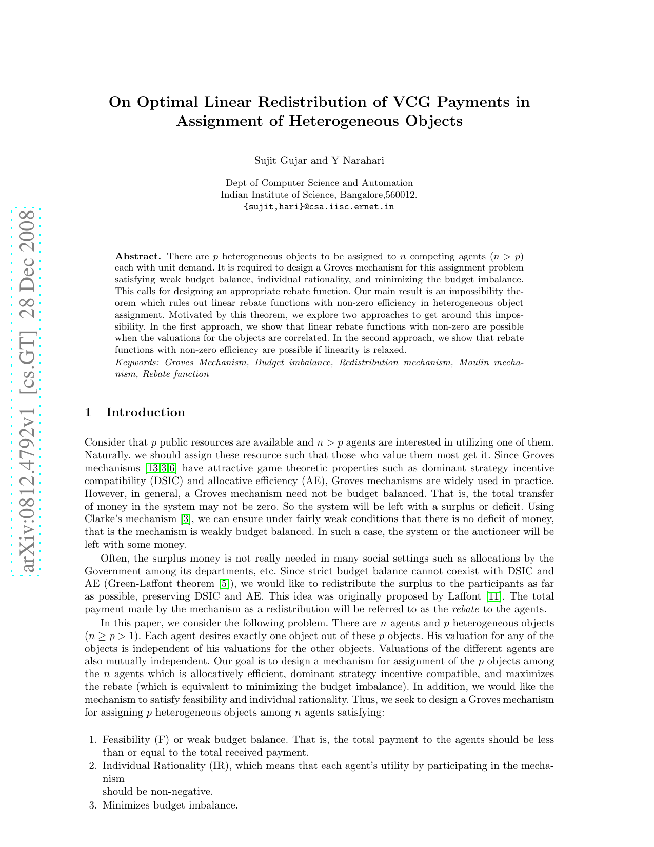 On Optimal Linear Redistribution of VCG Payments in Assignment of Heterogeneous Objects