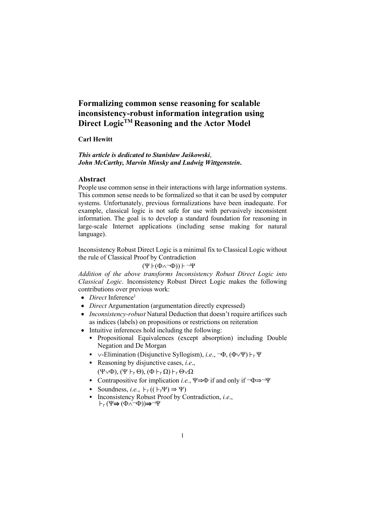 Formalizing common sense for scalable inconsistency-robust information   integration using Direct Logic(TM) reasoning and the Actor Model