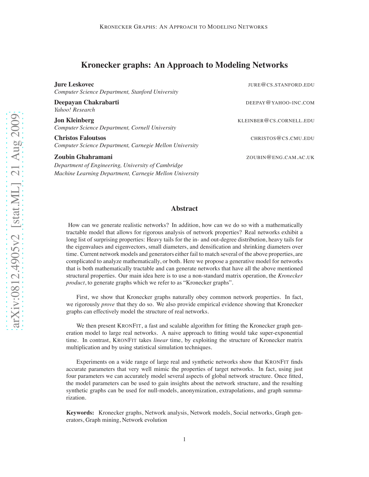 Kronecker Graphs: An Approach to Modeling Networks