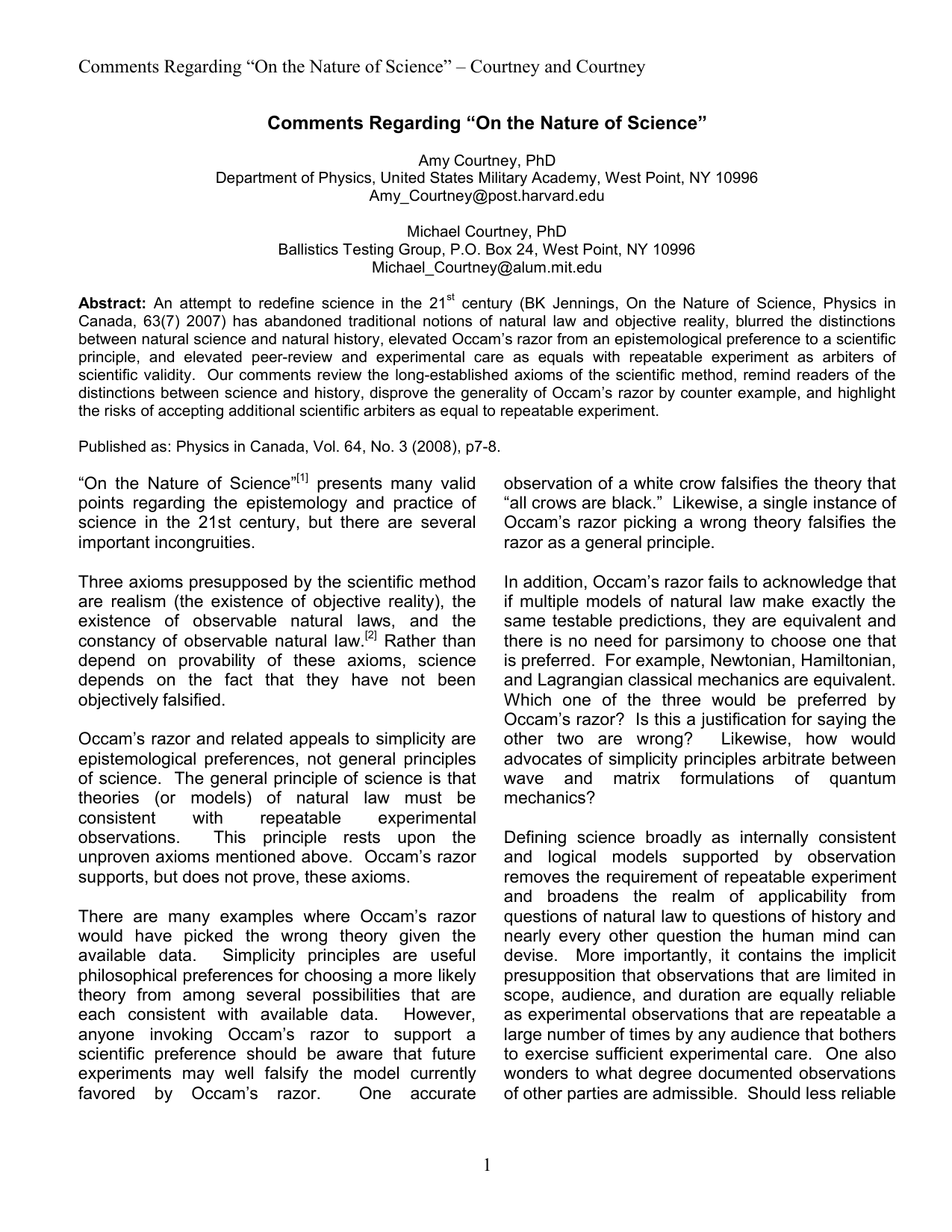 Comments Regarding 'On the Nature of Science'