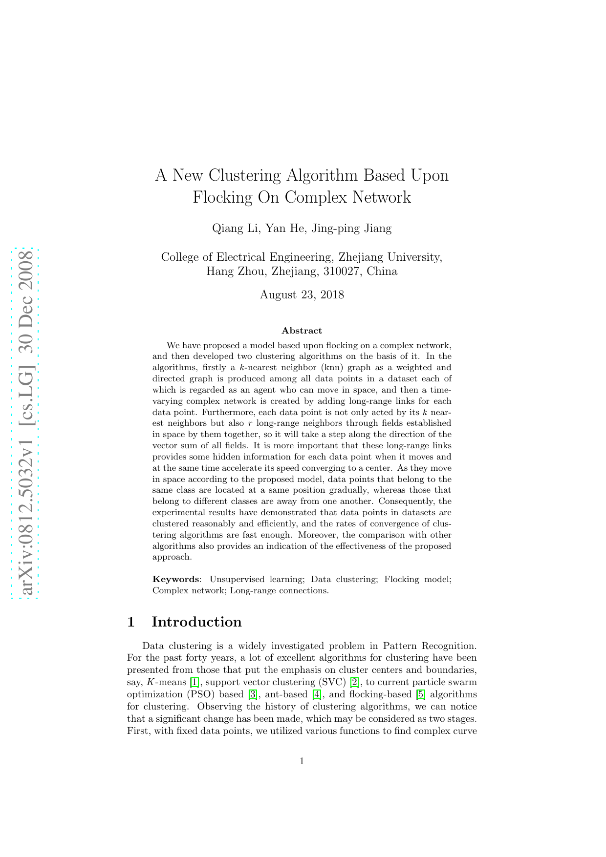 A New Clustering Algorithm Based Upon Flocking On Complex Network