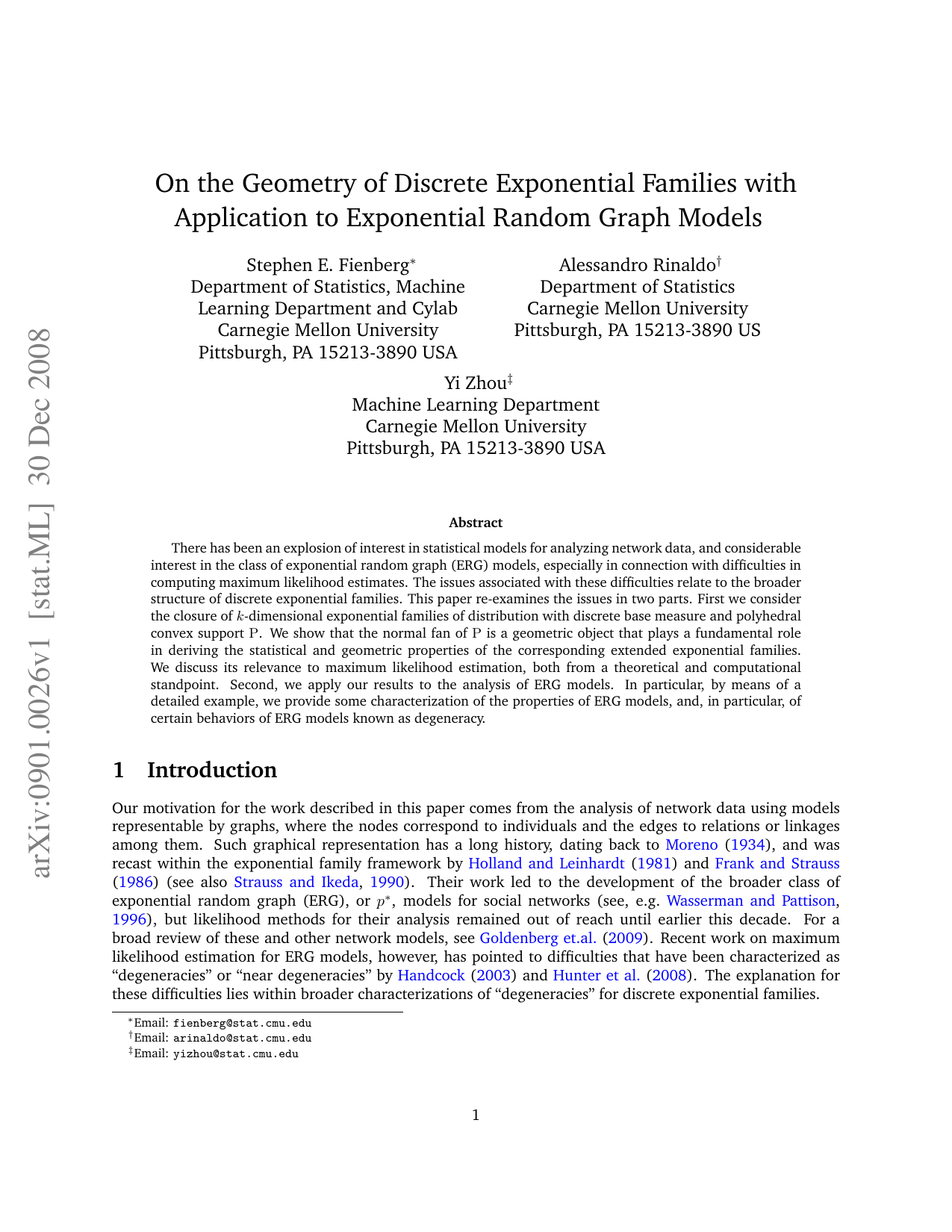 On the Geometry of Discrete Exponential Families with Application to Exponential Random Graph Models