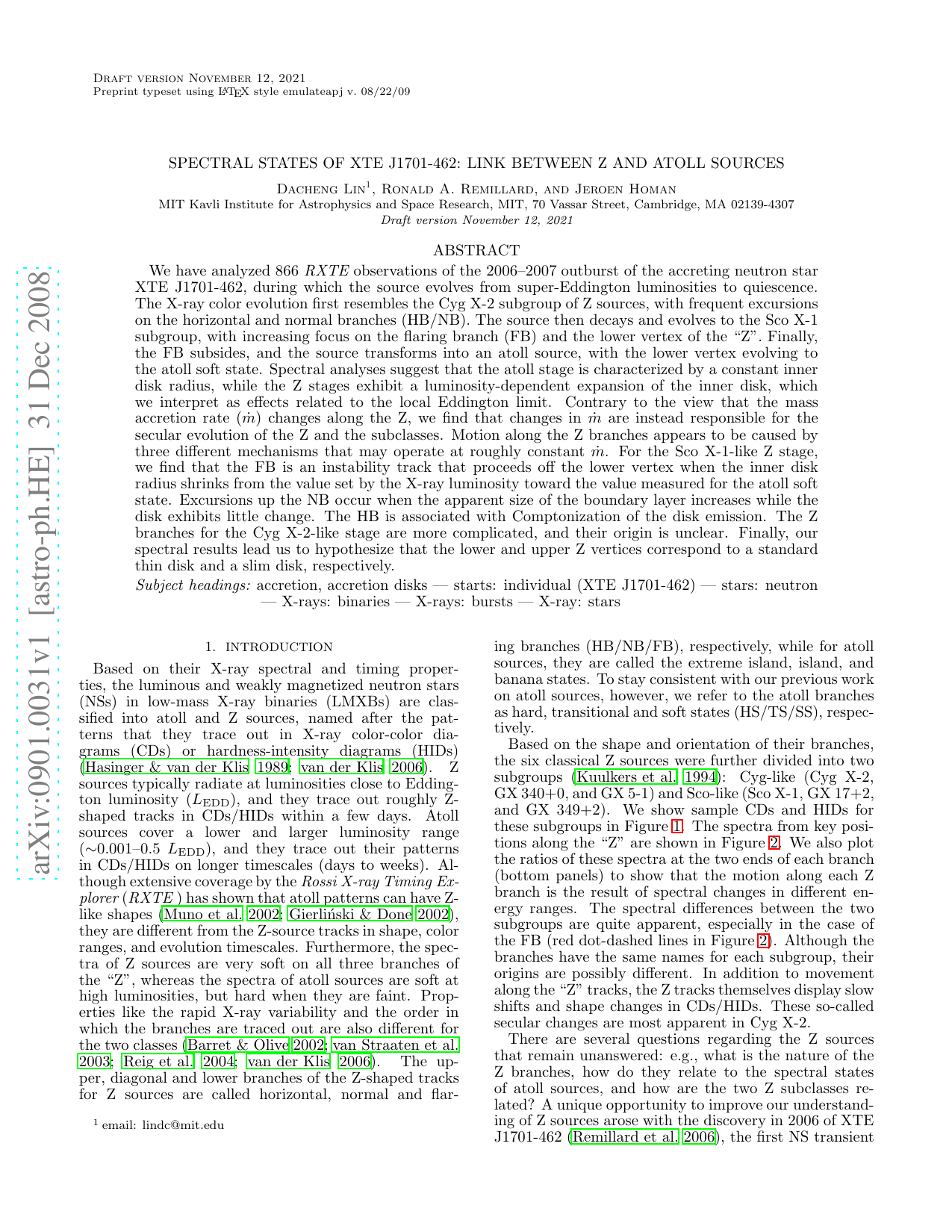 Spectral States of XTE J1701-462: Link between Z and Atoll Sources