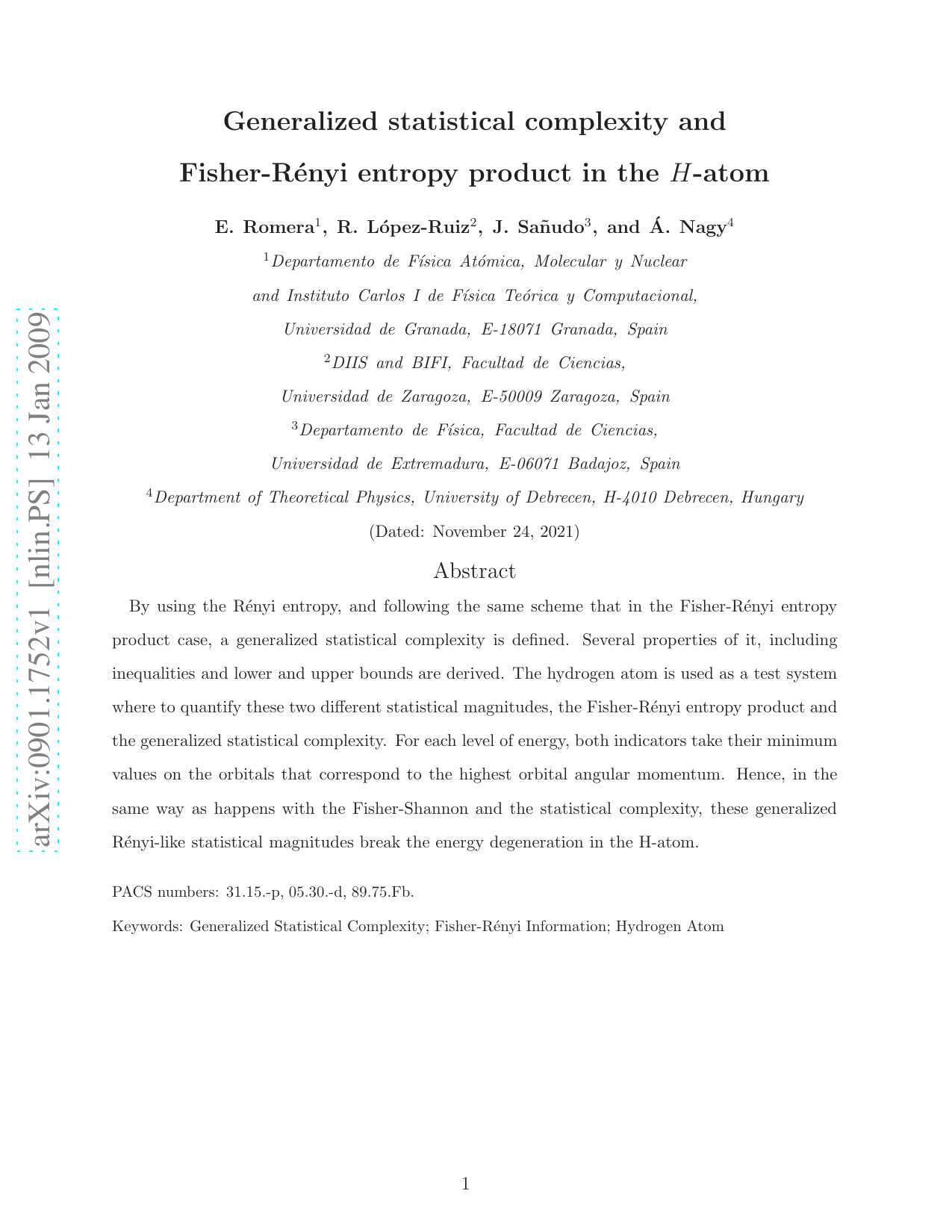 Generalized statistical complexity and Fisher-Renyi entropy product in   the $H$-atom
