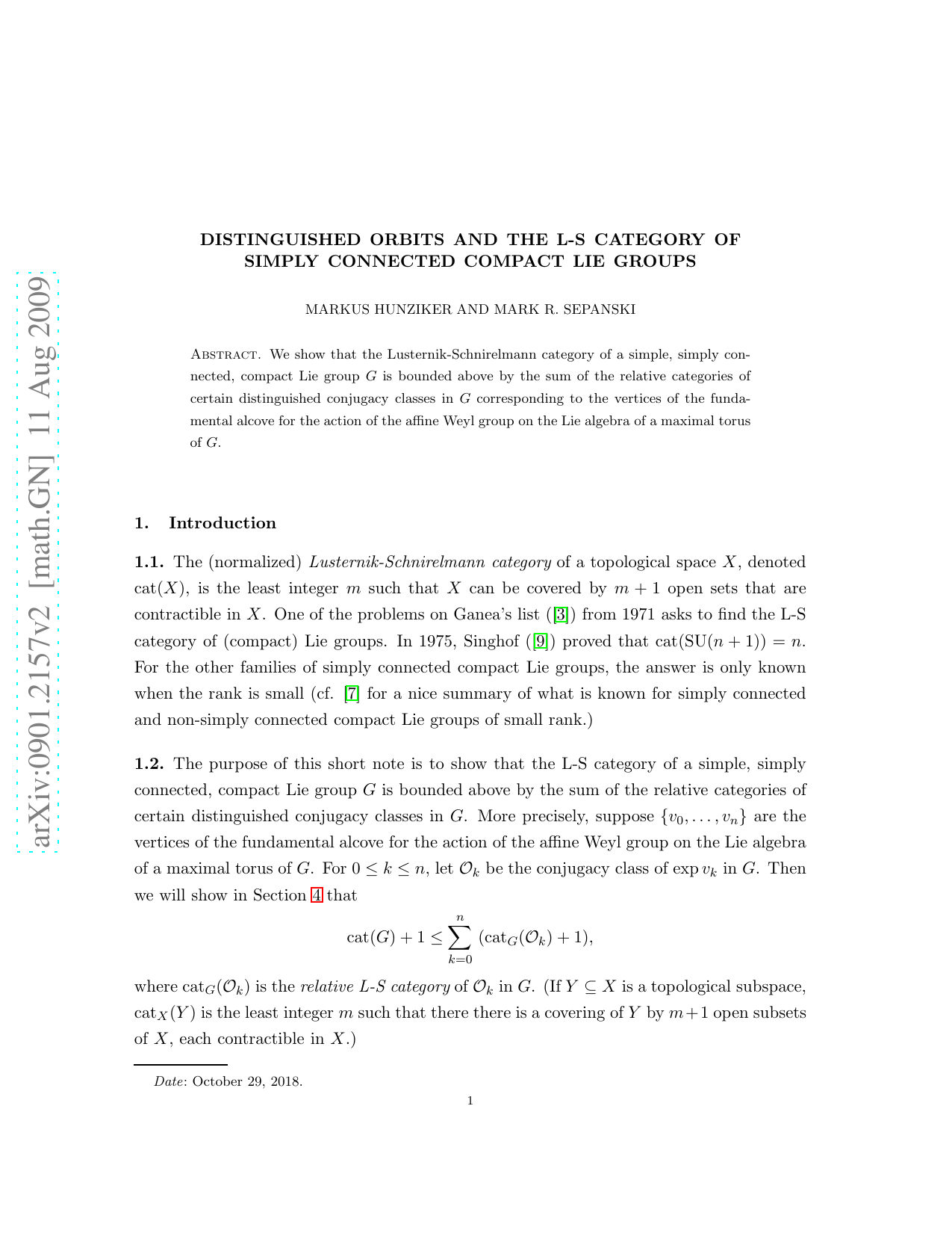 Distinguished orbits and the L-S category of simply connected compact   Lie groups