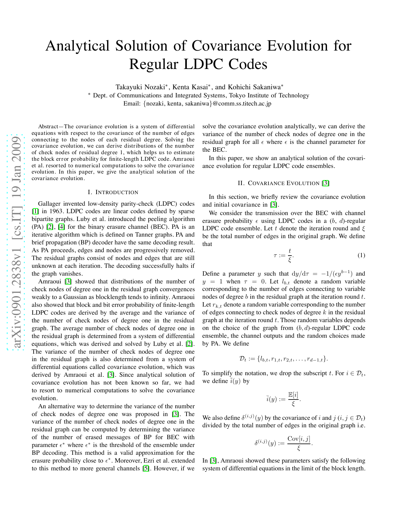 Analytical Solution of Covariance Evolution for Regular LDPC Codes