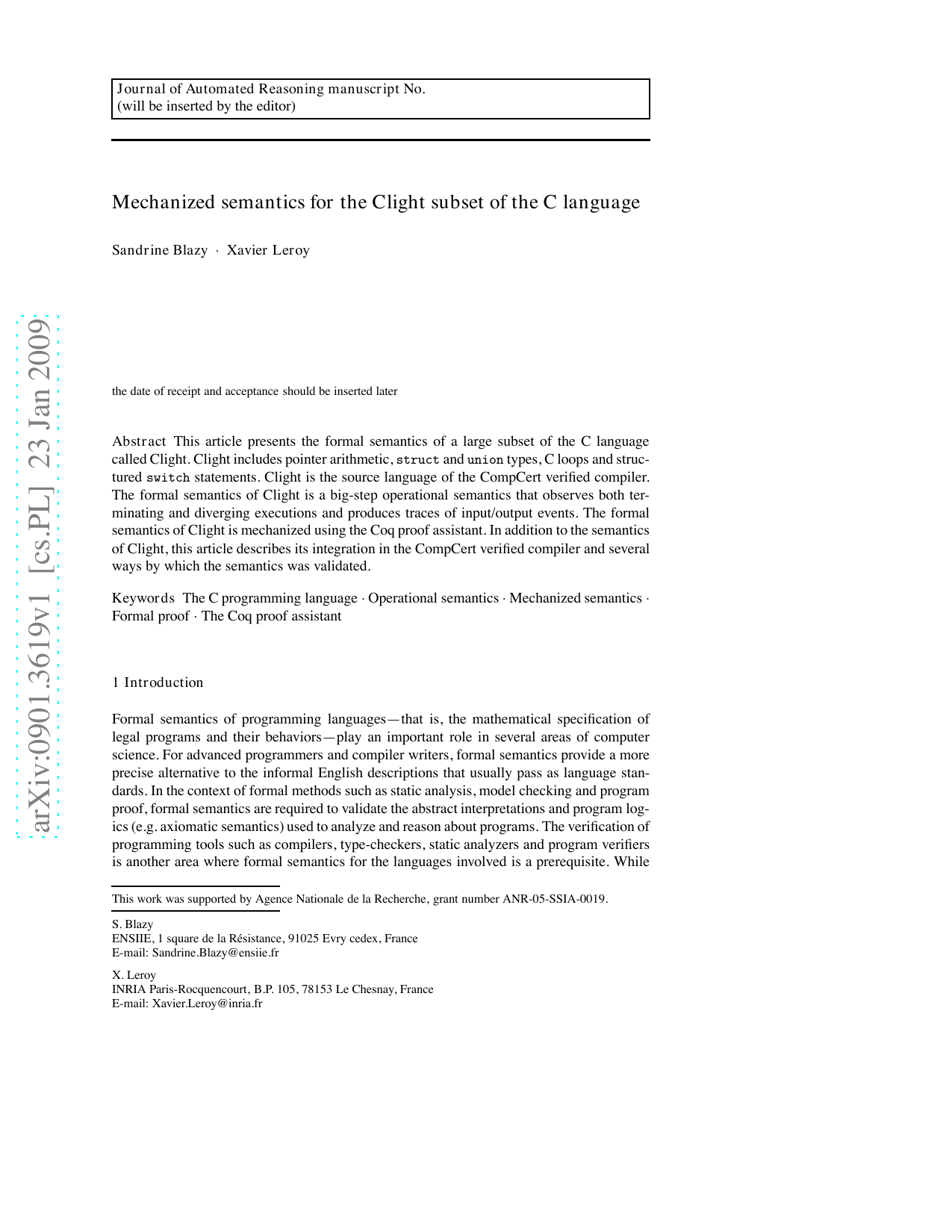 Mechanized semantics for the Clight subset of the C language