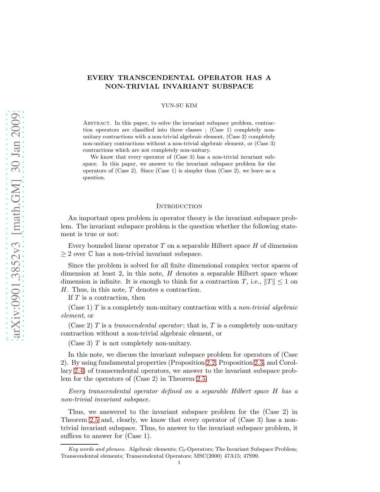 Every transcendental operator has a non-trivial invariant subspace