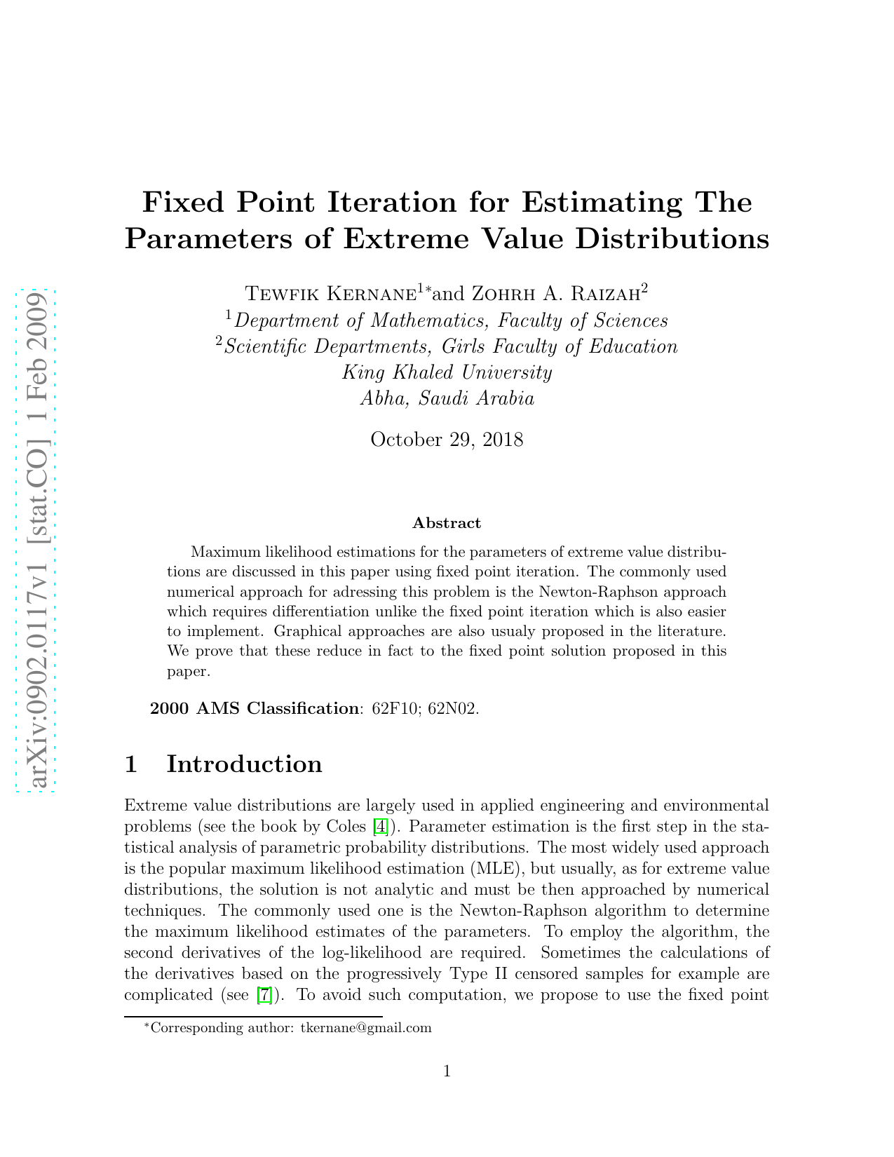 Fixed Point Iteration for Estimating The Parameters of Extreme Value   Distributions