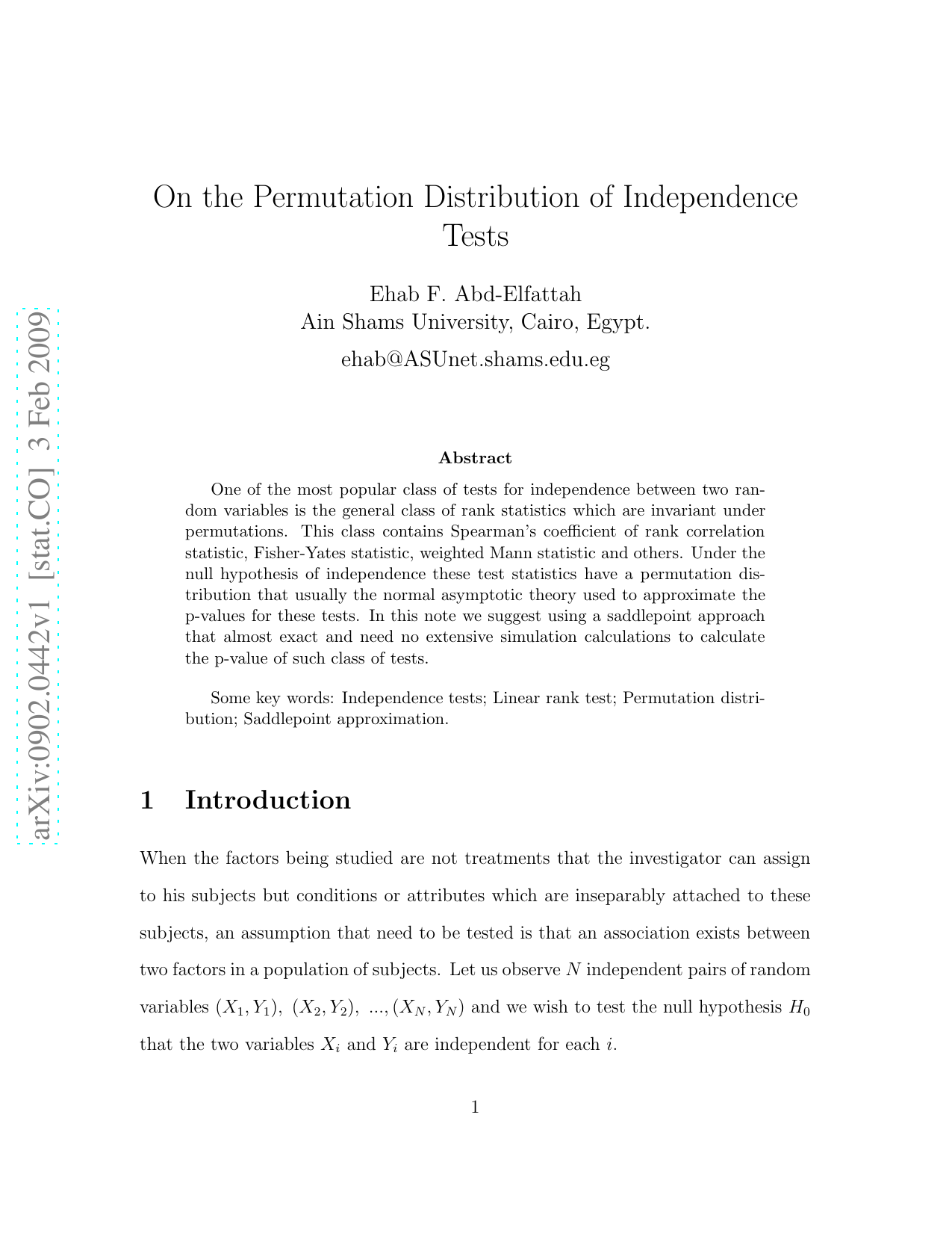 On the Permutation Distribution of Independence Tests