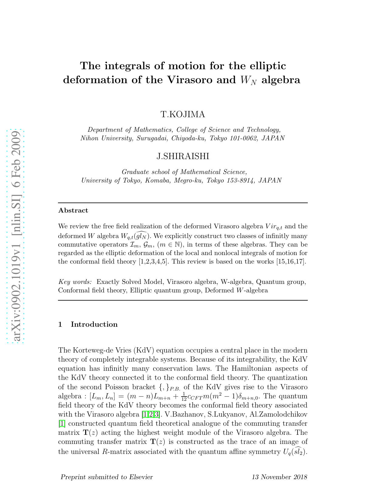 The integrals of motion for the elliptic deformation of the Virasoro and   $W_N$ algebra