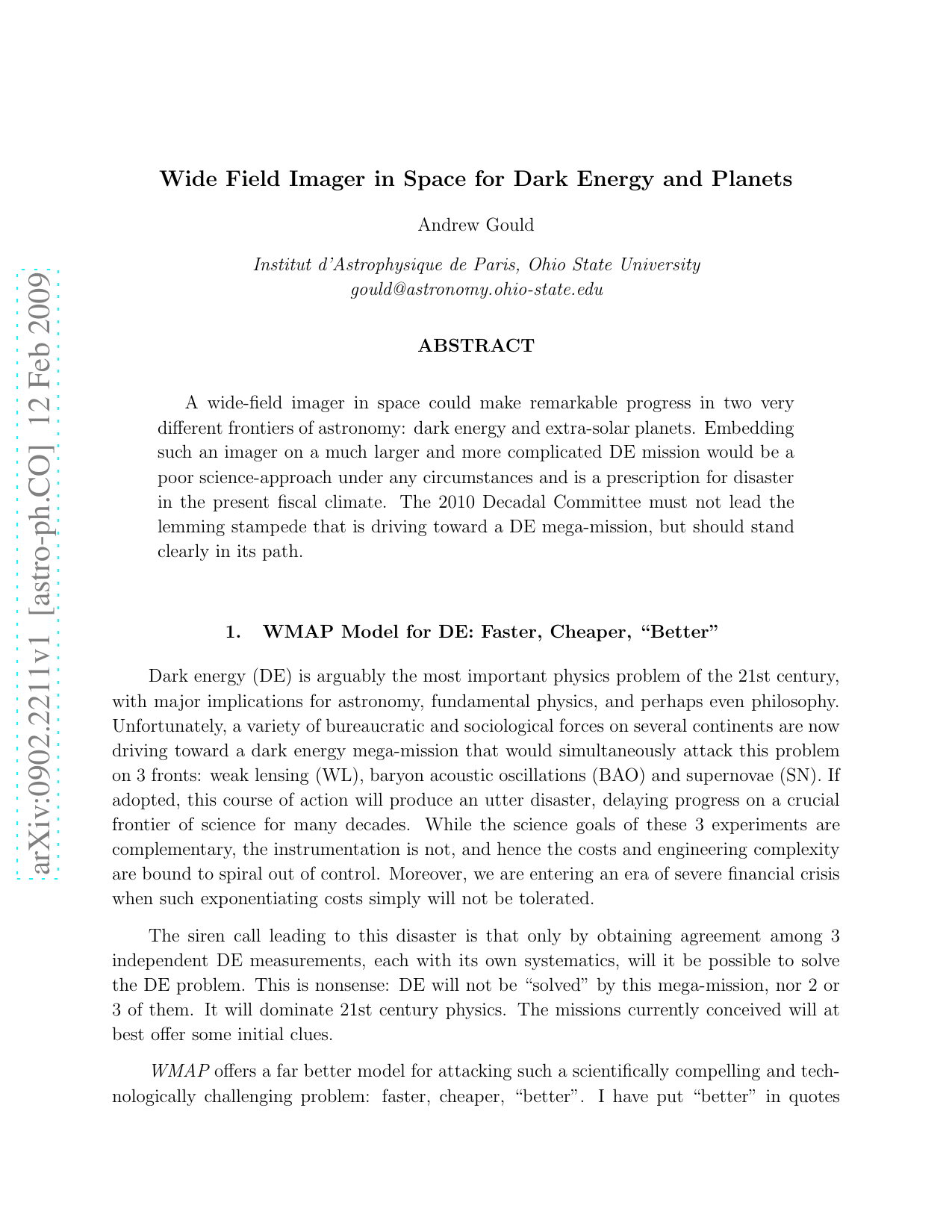 Wide Field Imager in Space for Dark Energy and Planets
