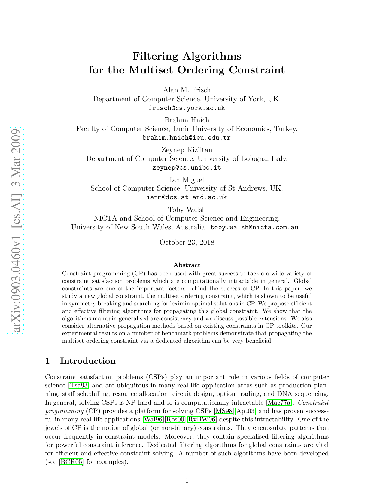 Filtering Algorithms for the Multiset Ordering Constraint