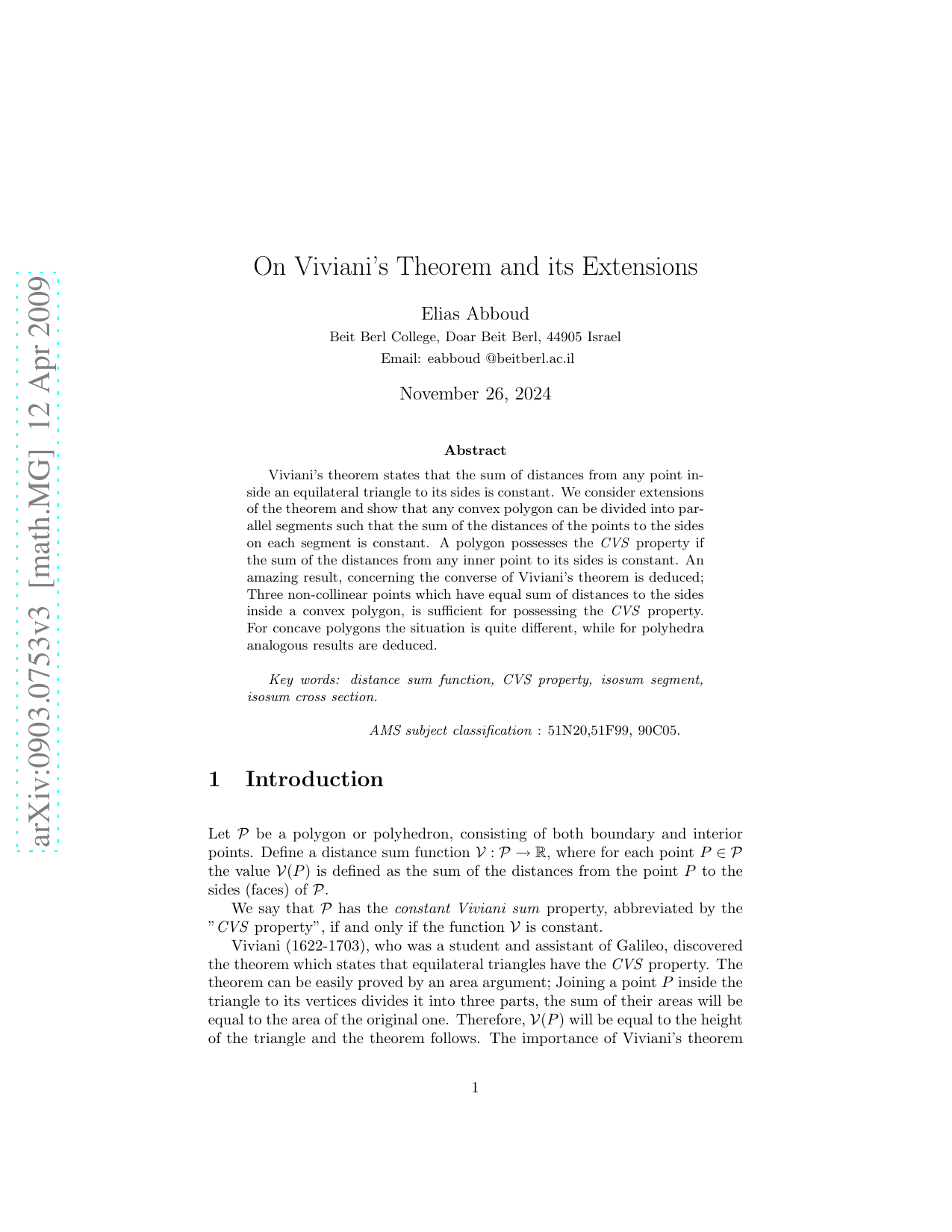 On Vivianis Theorem and its Extensions