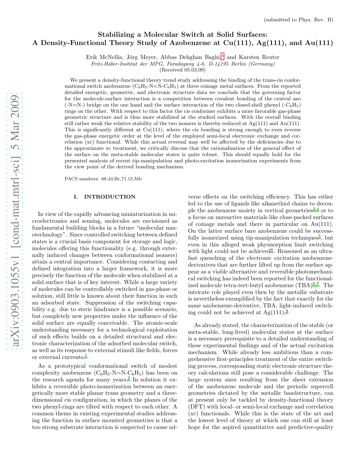 Stabilizing a Molecular Switch at Solid Surfaces: A Density-Functional   Theory Study of Azobenzene at Cu(111), Ag(111), and Au(111)