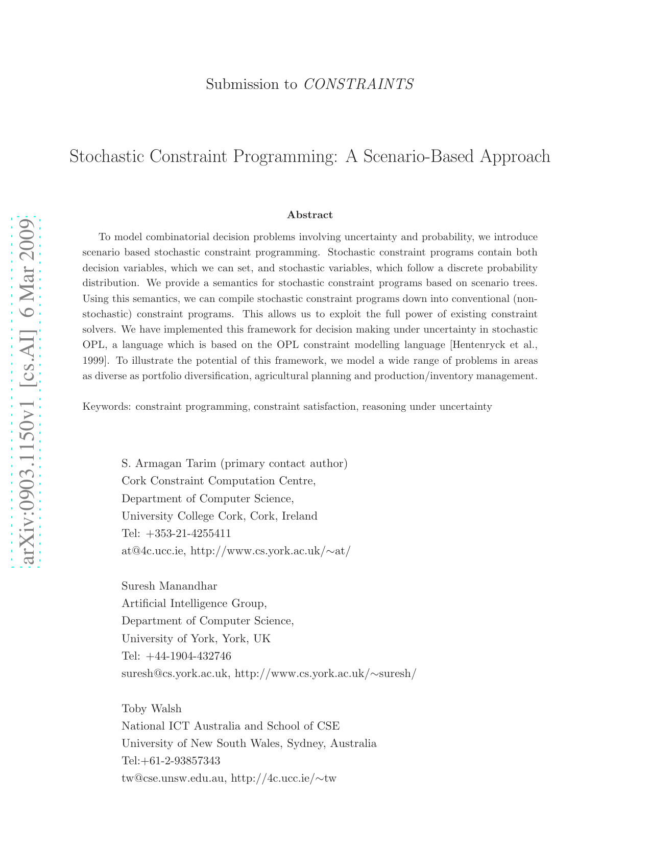 Stochastic Constraint Programming: A Scenario-Based Approach