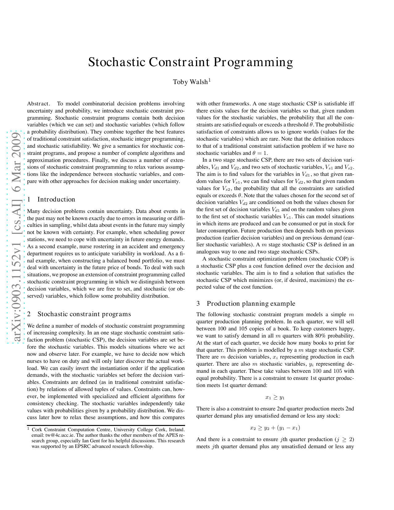 Stochastic Constraint Programming