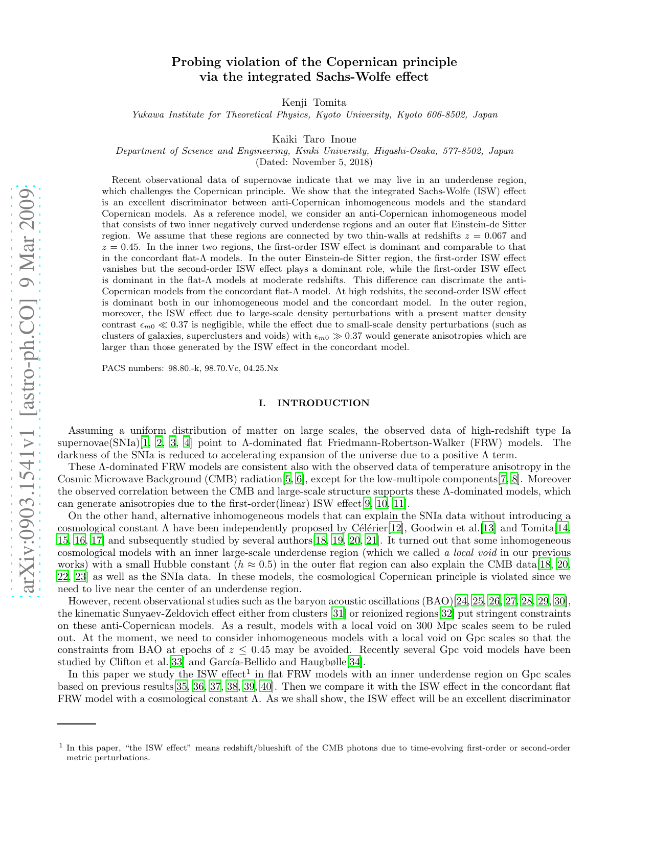 Probing violation of the Copernican principle via the integrated   Sachs-Wolfe effect