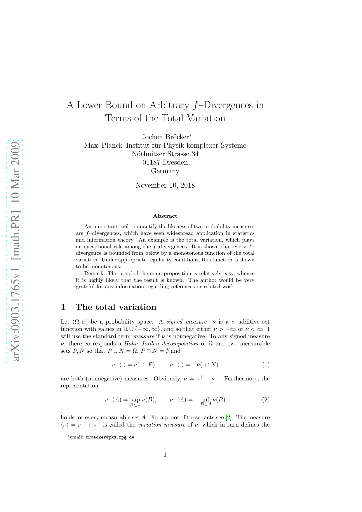 A Lower Bound on Arbitrary $f$--Divergences in Terms of the Total   Variation