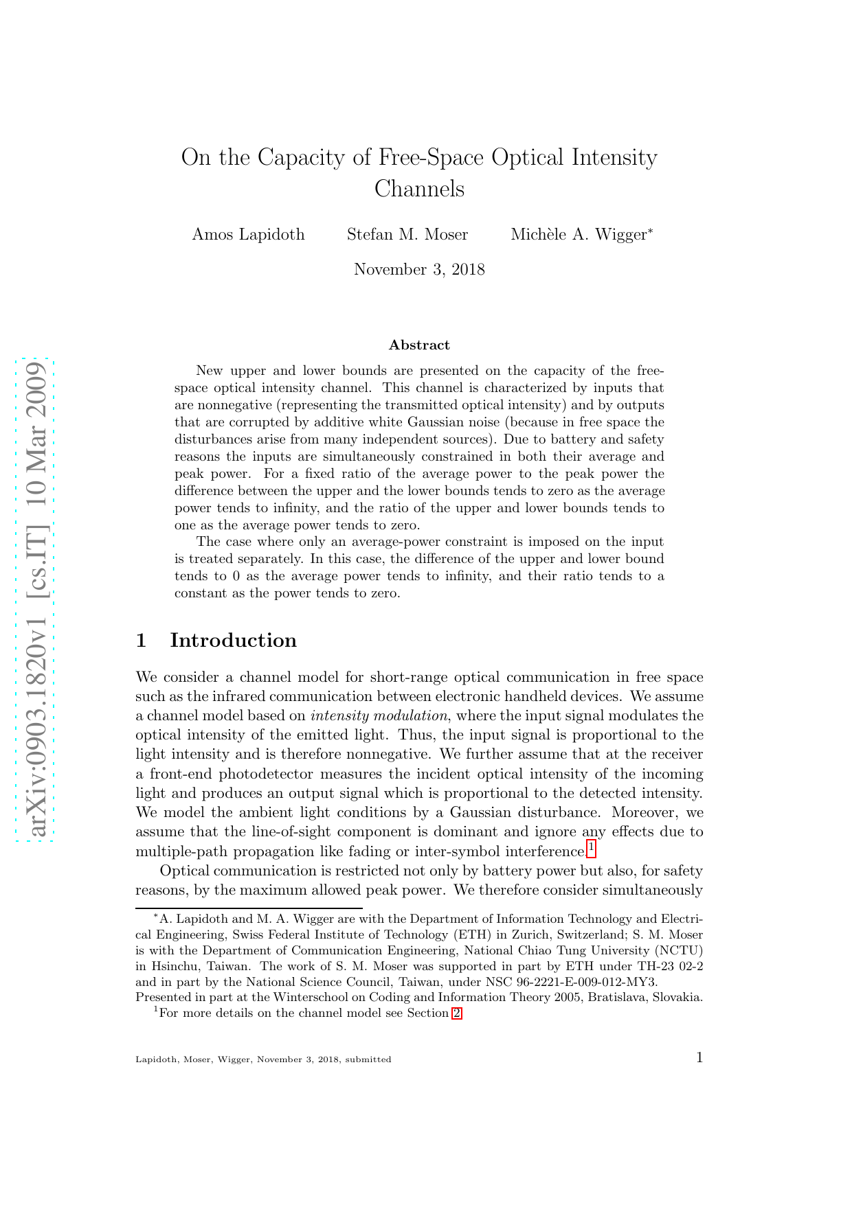On the Capacity of Free-Space Optical Intensity Channels