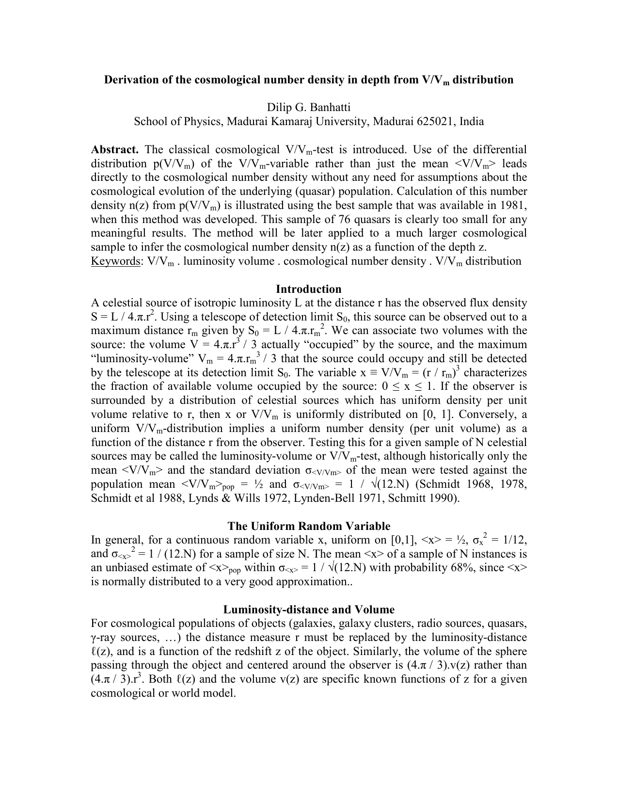 Derivation of the cosmological number density in depth from V/Vm   distribution